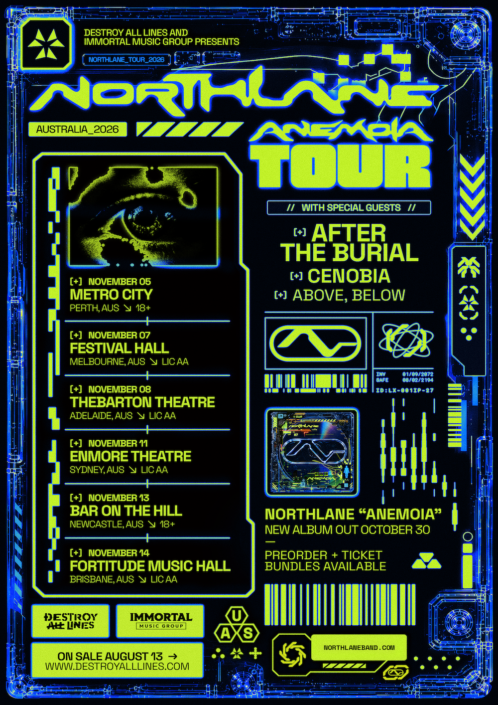 Northlane Anemoia Tour 2026 poster featuring neon blue and green cyber aesthetics, Australian tour dates, and guest After The Burial.
